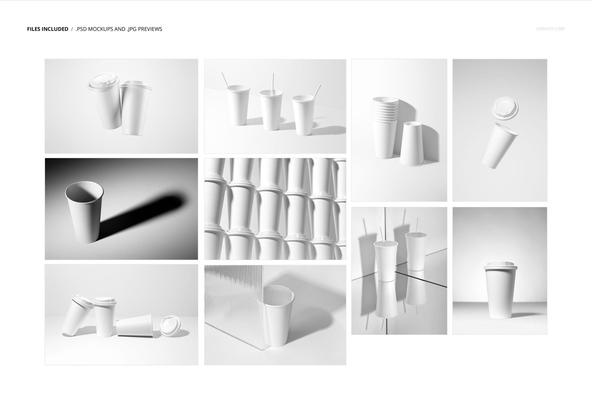 Collection of paper cup mockups featuring multiple white cups in creative layouts, some with straws and lids, under soft lighting.