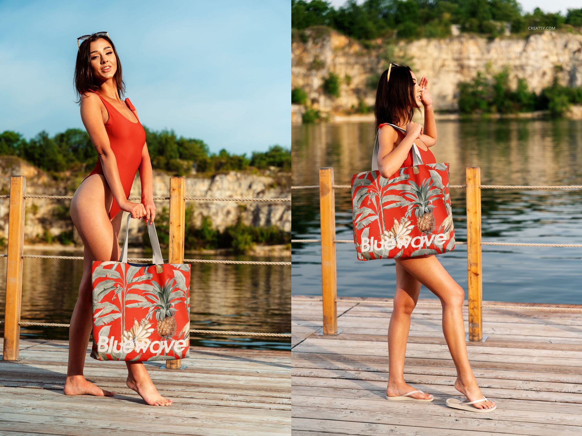 PSD mockup of a large cotton tote bag featuring a bold red palm print and white lettering, displayed lakeside.