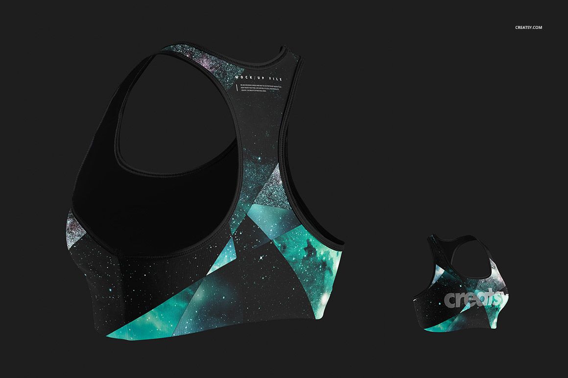 Front and back view of a sport bra mockup with abstract teal and black galaxy pattern on a dark background.