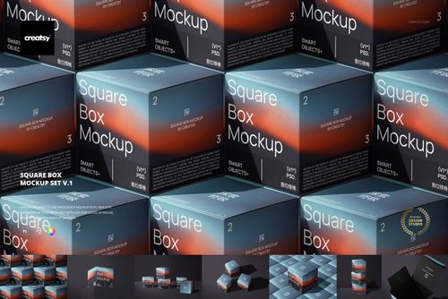 Multiple square box mockups with bold white text and gradient designs, viewed from a slightly angled perspective.