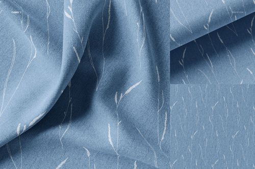 Blue fabric with a subtle white botanical pattern, shown in multiple angles and close-up views for textile mockup.