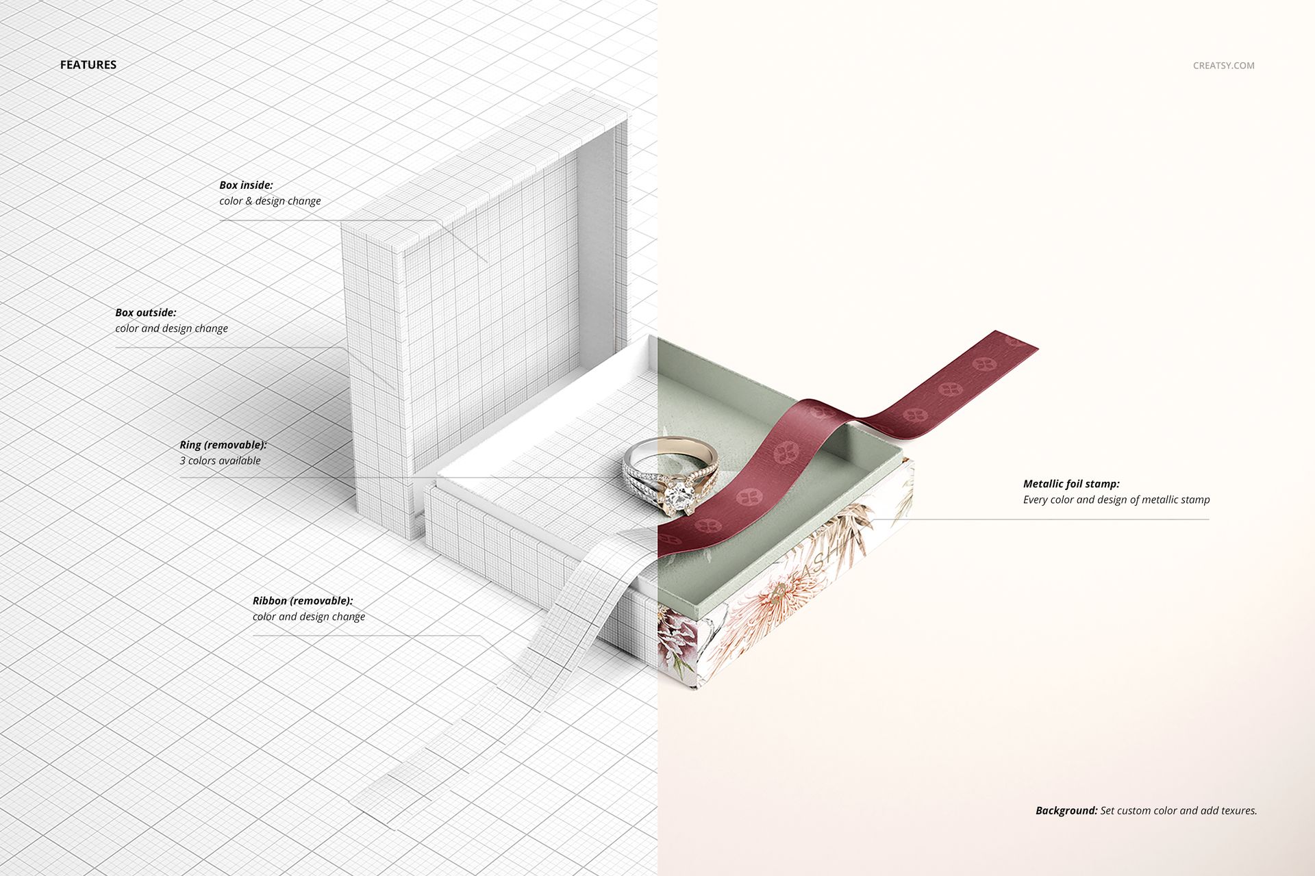 Jewelry box mockup with an open lid, featuring a ring inside and a patterned ribbon on a split background.