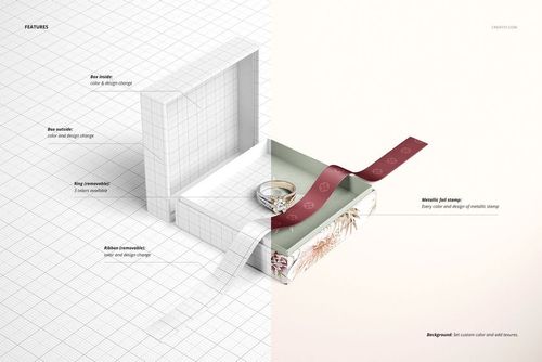 Jewelry box mockup with an open lid, featuring a ring inside and a patterned ribbon on a split background.