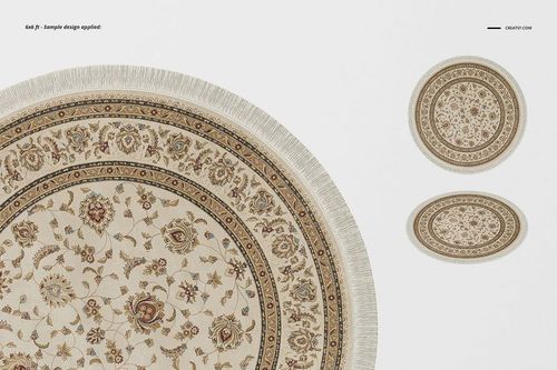 Top view of a circular Persian carpet mockup featuring detailed traditional motifs and fringed edges on a plain white surface.