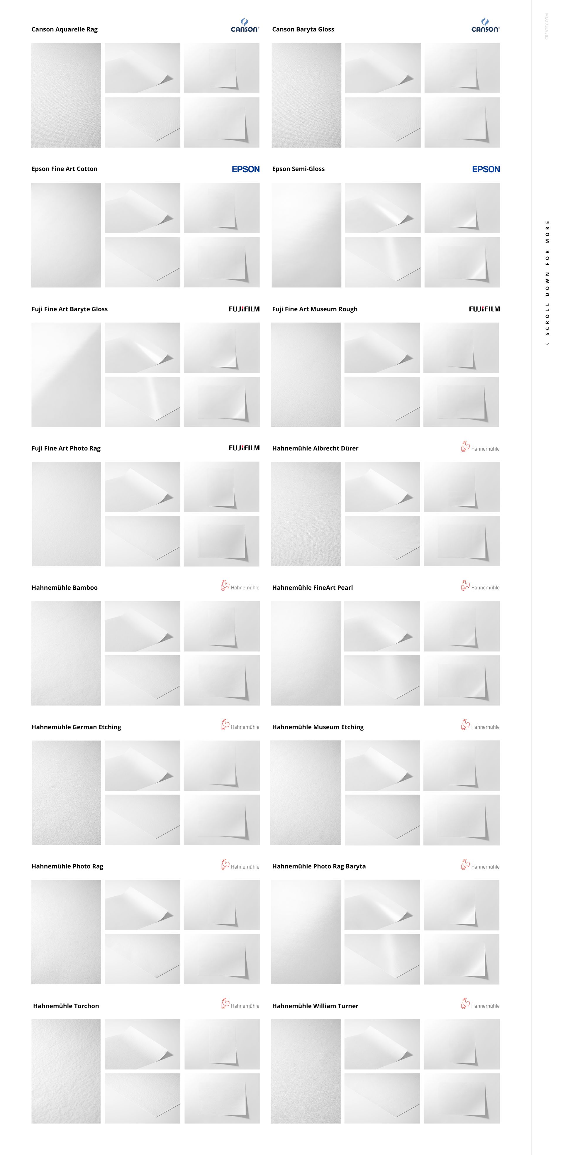 Multiple fine art print mockups showing different paper textures and finishes, arranged in a vertical grid layout.