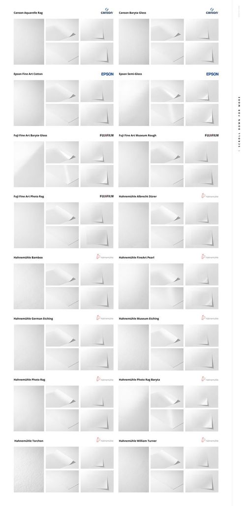 Multiple fine art print mockups showing different paper textures and finishes, arranged in a vertical grid layout.