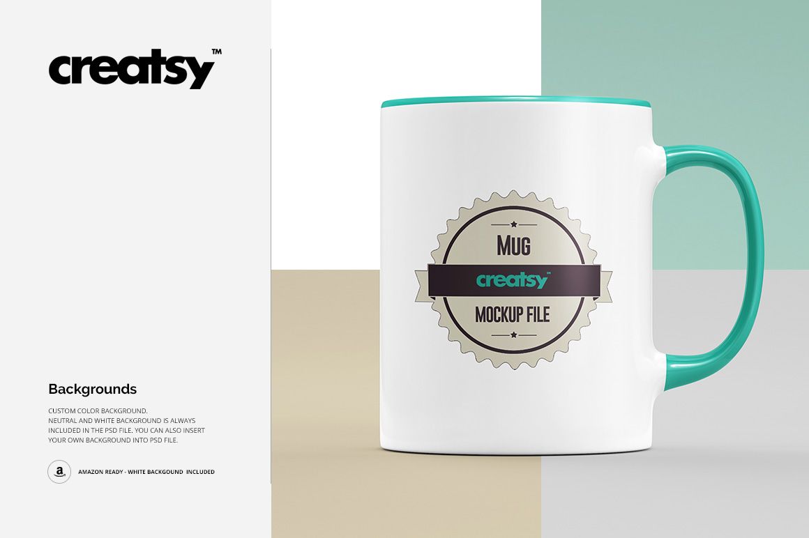 Front-facing mug with green rim and handle, displayed on a multi-tone background in a PSD mockup scene.