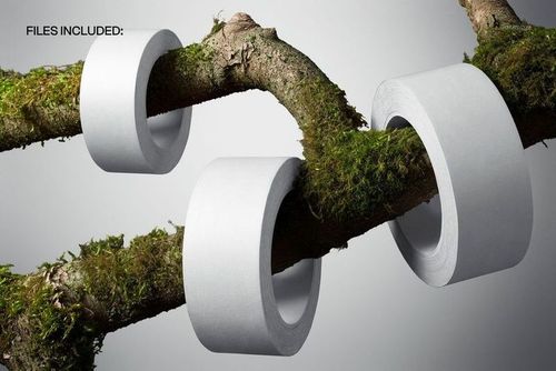 Adhesive tape mockup featuring three plain white rolls resting on mossy branches, shown from the front perspective.