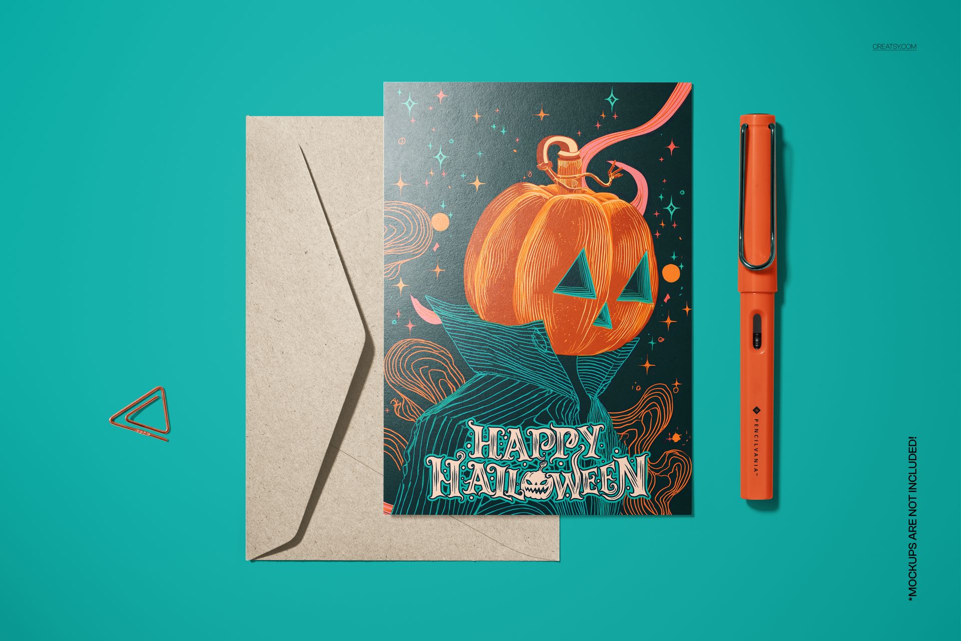 Halloween-themed 5x7 card mockup featuring a glowing pumpkin illustration and envelope, shown on a bright teal surface.