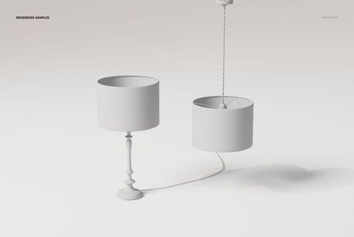Front view of two cylindrical drum shade lamps in a minimal white setting, one table lamp and one pendant lamp.