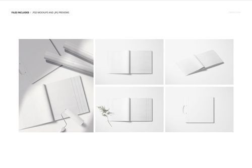 Wallpaper sample book mockup set with five different layouts, showing blank books and neutral props on a white background.