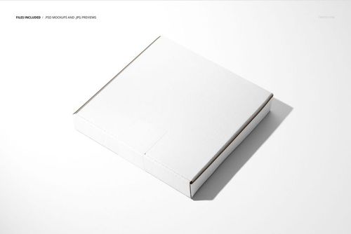 Minimalist pizza box mockup with a blank white sticker, displayed in a top-down view with soft shadows.