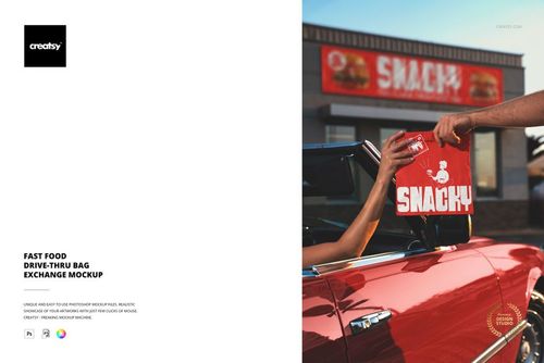 PSD mockup featuring a red paper fast food bag with white design, passed to a customer in a red convertible at a drive-thru.