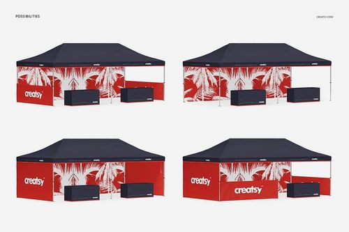 Pop up tent mockup with navy roof and red sides, featuring white palm leaf patterns, shown from various angles.
