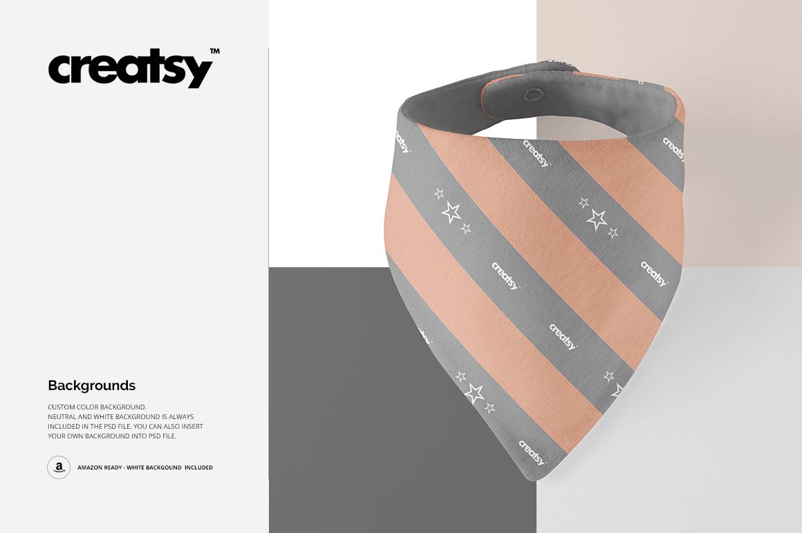 Front view of a kids bandana bib mockup with alternating peach and gray stripes, star accents, and button closure.
