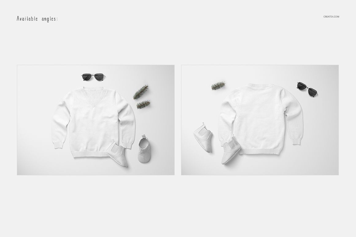 Front and back mockup of a plain white boys sweater, surrounded by shoes, sunglasses, and decorative plants on a neutral surface.