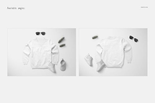 Front and back mockup of a plain white boys sweater, surrounded by shoes, sunglasses, and decorative plants on a neutral surface.