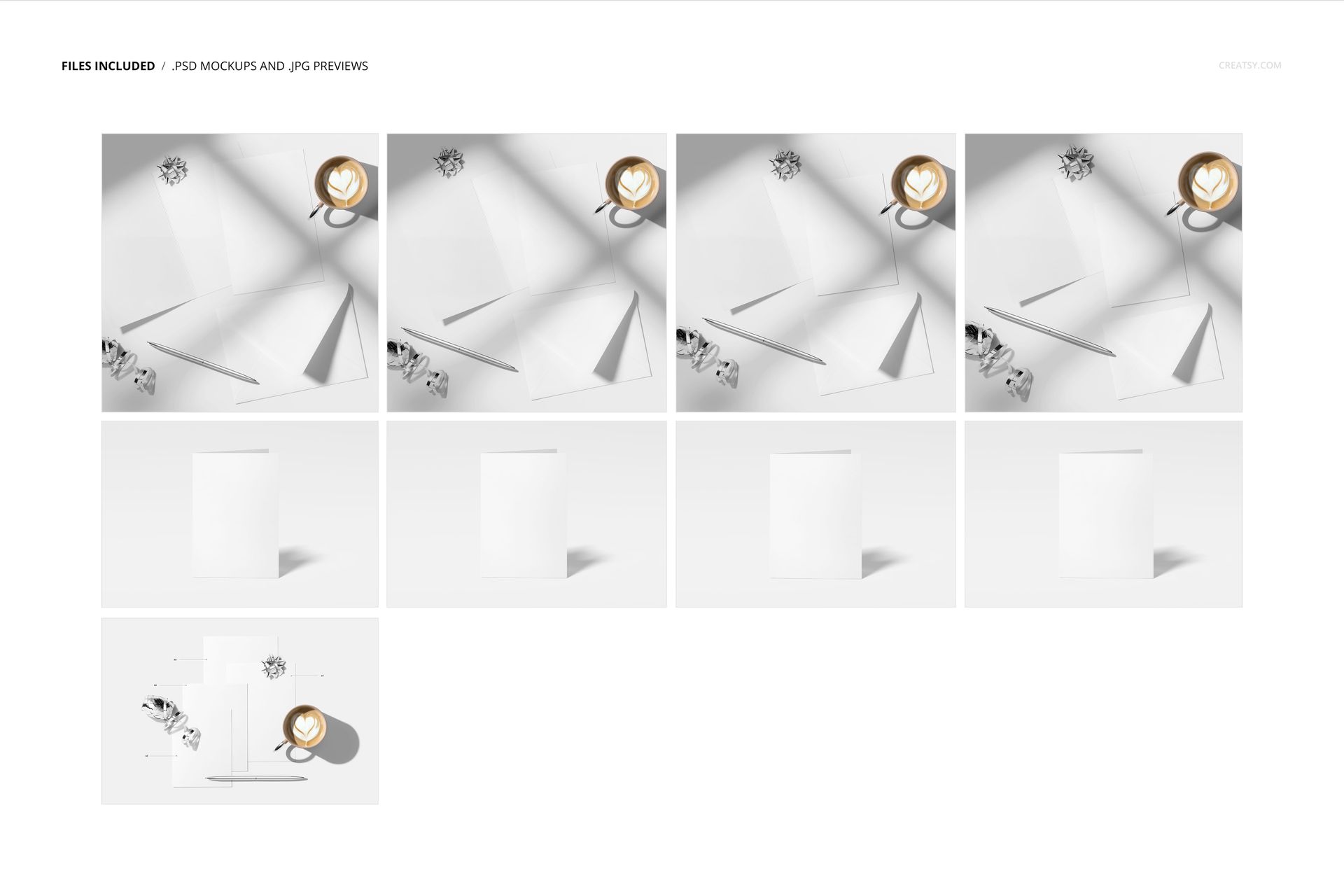 PSD mockup showing multiple greeting card formats and envelopes, styled with coffee mugs, pens, and patterned ribbons from above.