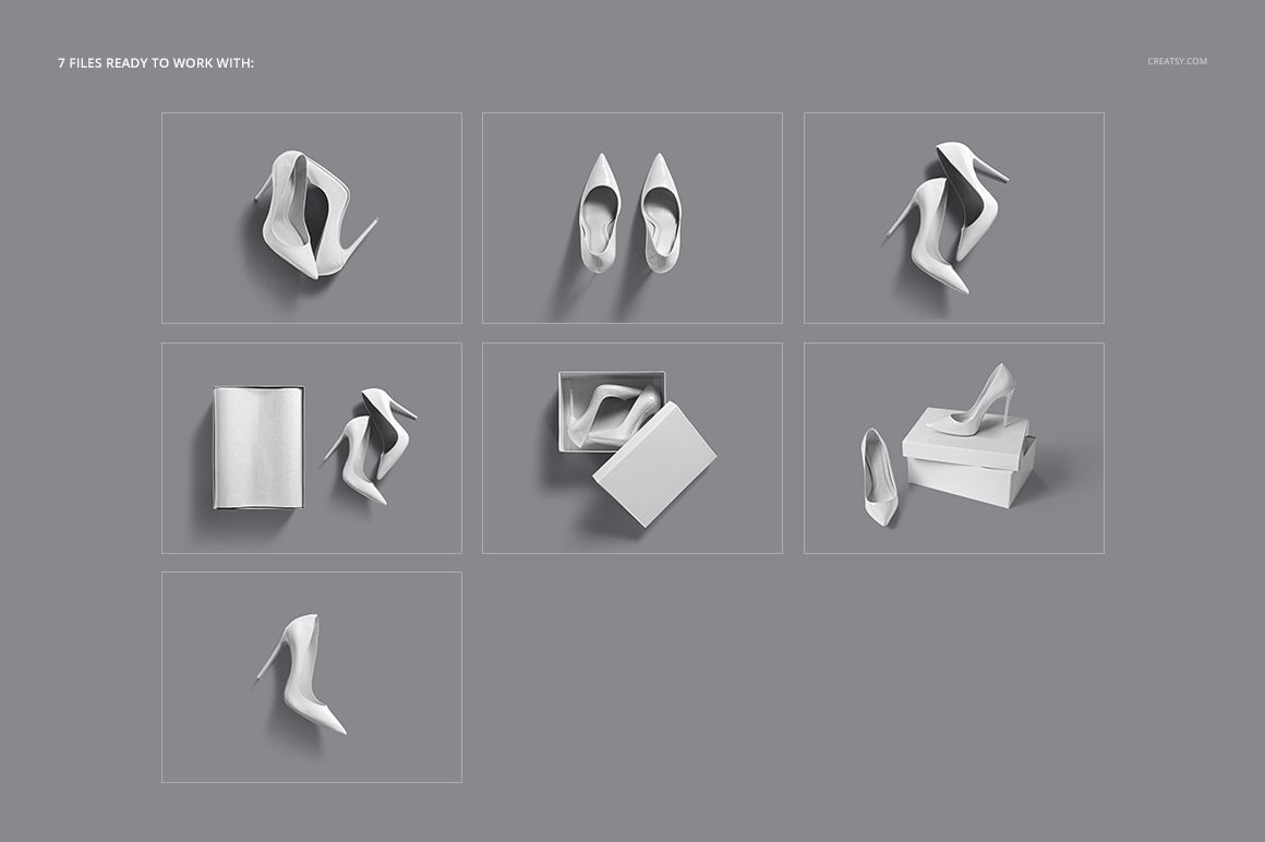 PSD mockup set featuring high heels shoes in white, arranged in different perspectives with boxes on a neutral surface.