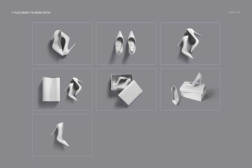 PSD mockup set featuring high heels shoes in white, arranged in different perspectives with boxes on a neutral surface.