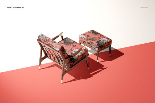 PSD mockup of a lounge chair and ottoman featuring a vivid red and black floral pattern, top angled perspective.