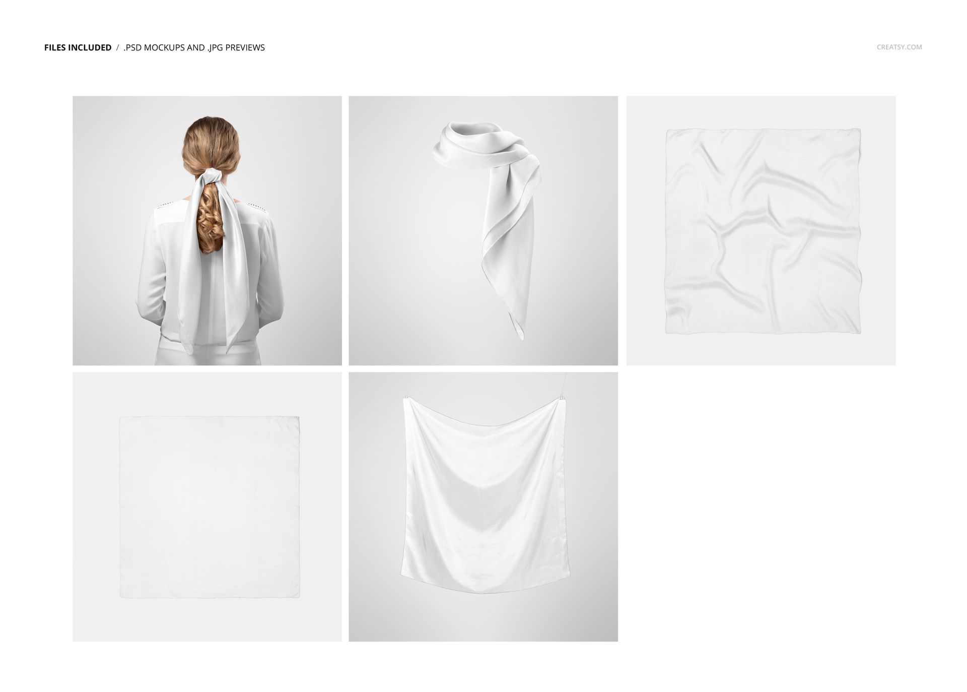 Silk scarf mockup set showing five views, including folded, draped, and flat white scarf on neutral backgrounds.