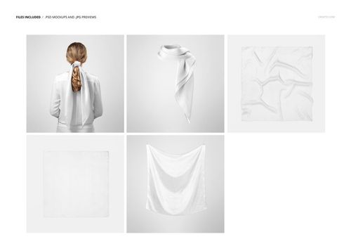Silk scarf mockup set showing five views, including folded, draped, and flat white scarf on neutral backgrounds.