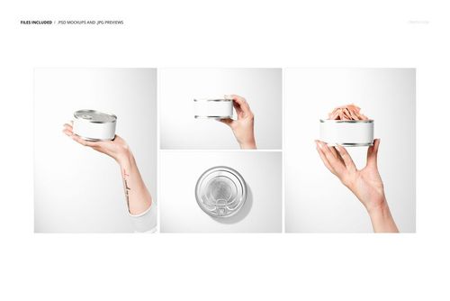 Short flat tin can mockup held in a hand, shown from various angles against a plain white background.