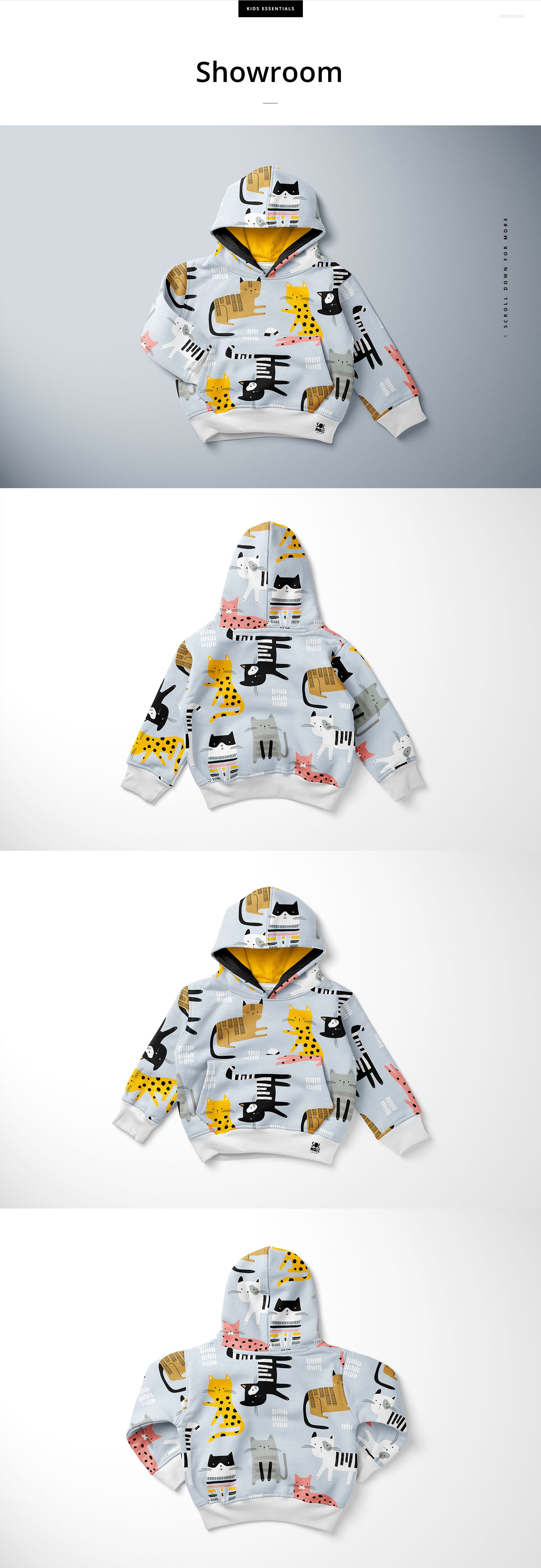 Kids pull on hoodie with animal illustrations in yellow, black, and gray, shown from the front in a PSD mockup scene.