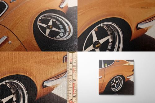 Detailed closeups of a canvas print mockup displaying an orange vintage car with shiny rims and textured surface.