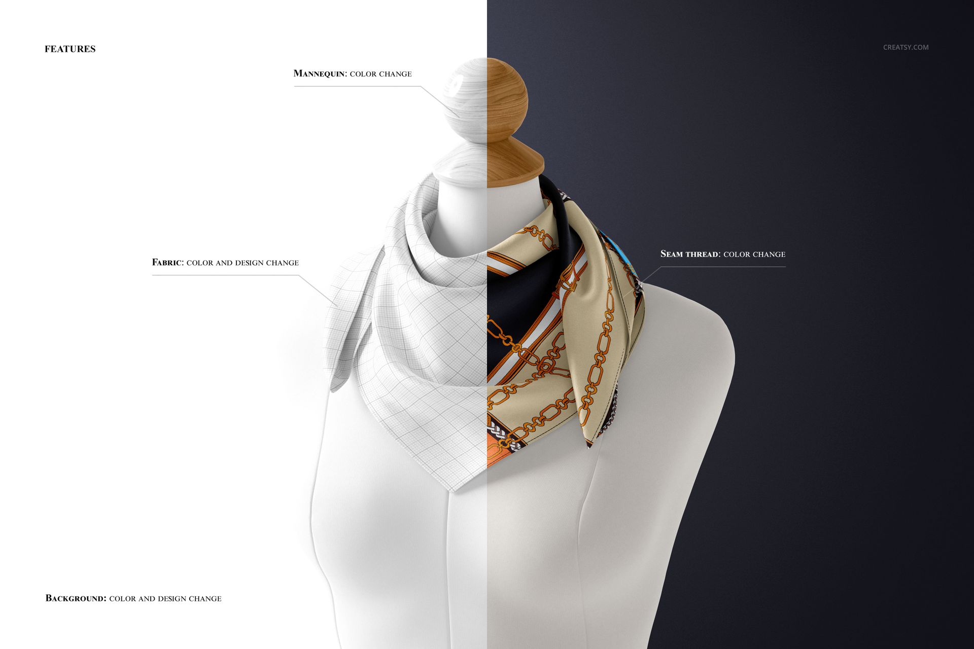 Front view of a mannequin torso displaying a silk scarf mockup, featuring contrasting patterns and backgrounds.