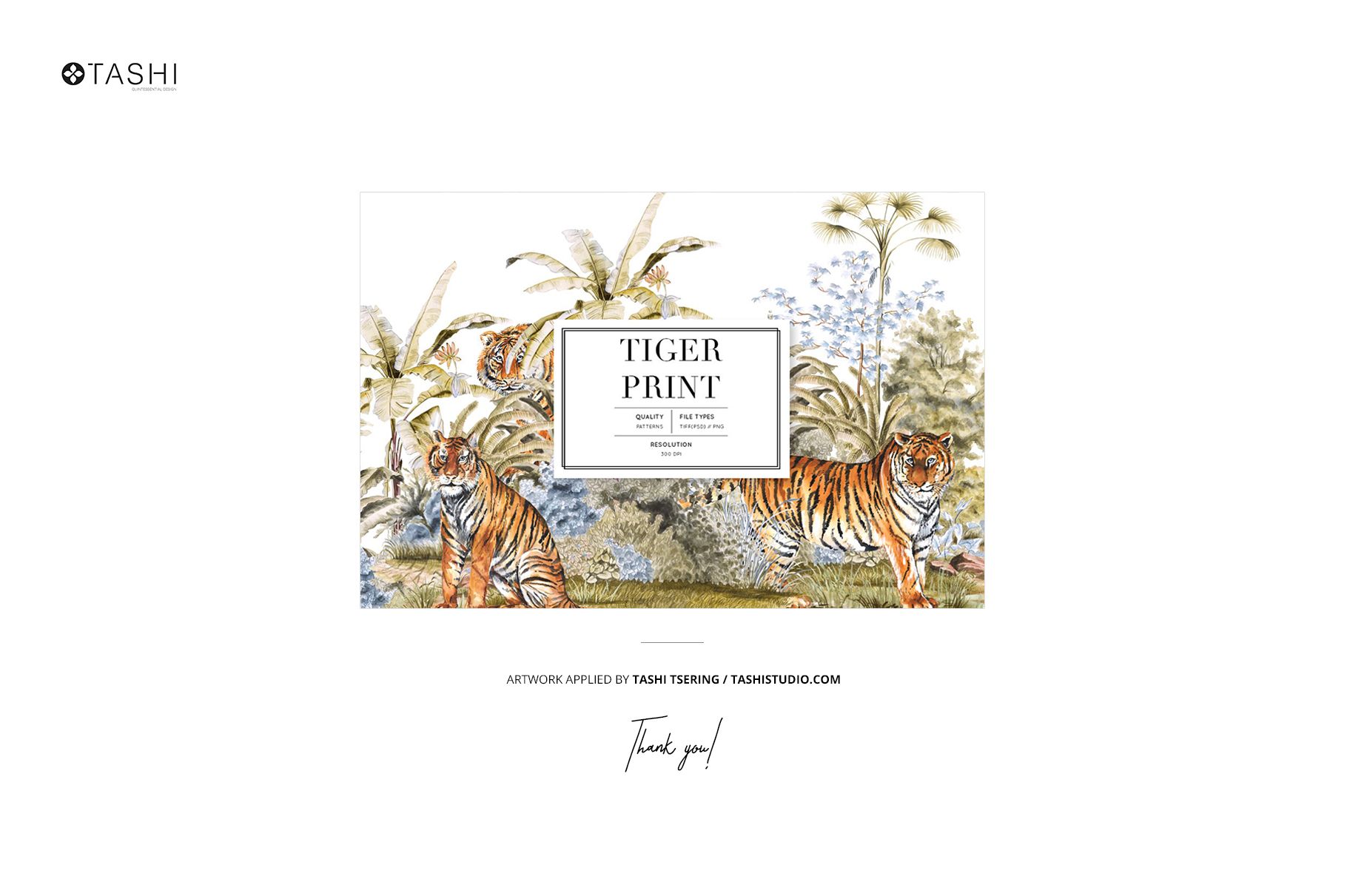 Fabric gift wrap mockup featuring a tiger print design, shown from the front with tropical foliage in the background.