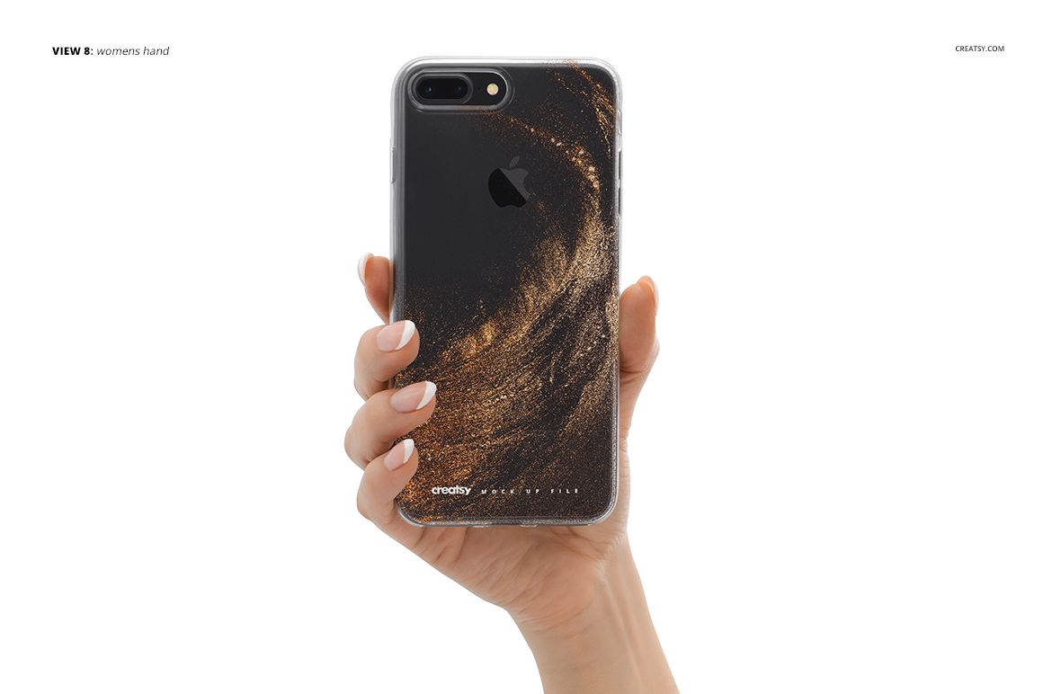 iPhone 7 Plus clear case mockup with abstract gold swirl artwork, displayed in a hand against a white background.