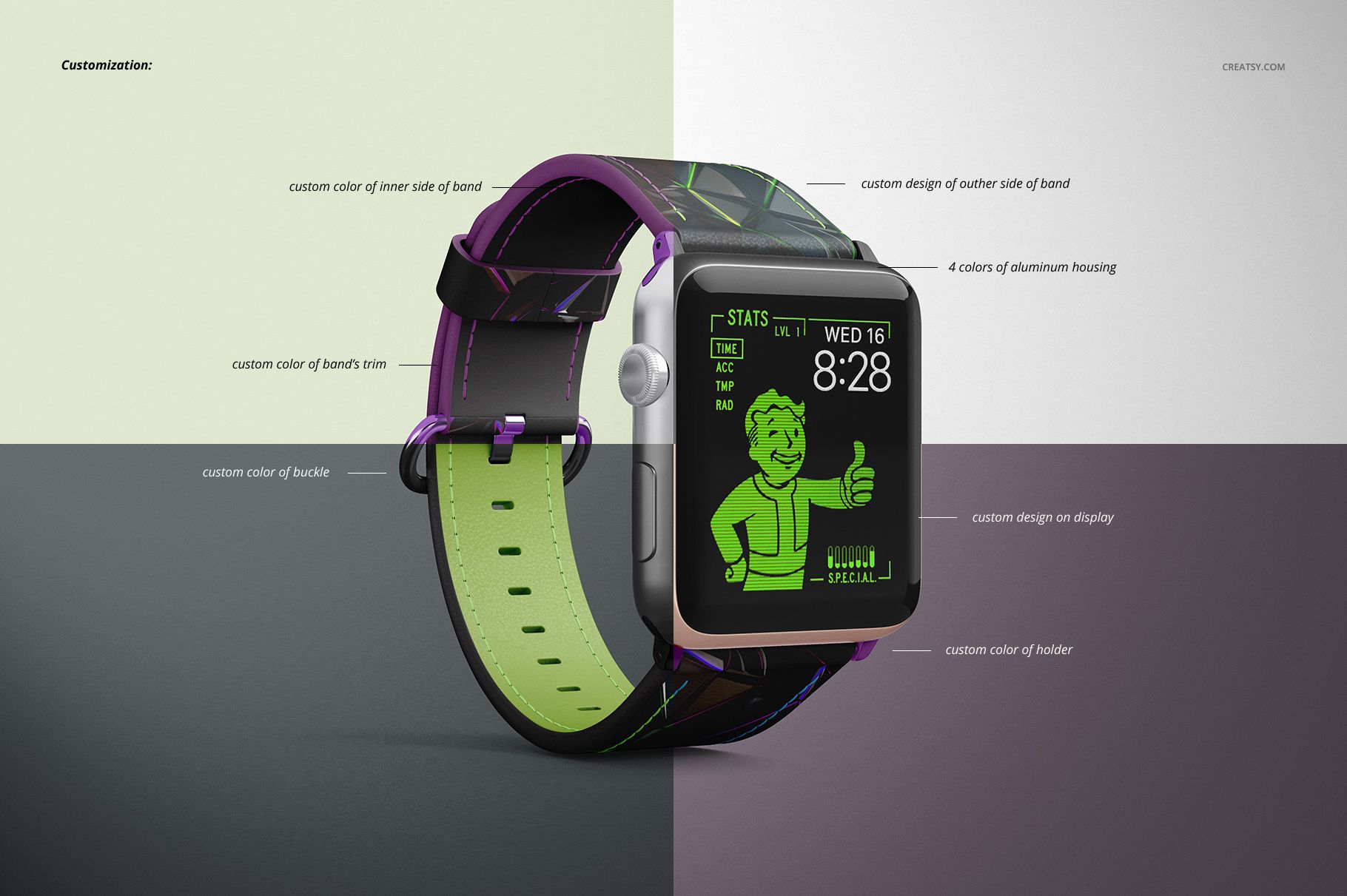 Apple Watch with leather band displayed in a top view mockup, featuring stitching details and customizable colors.