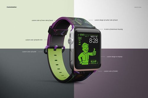 Apple Watch with leather band displayed in a top view mockup, featuring stitching details and customizable colors.