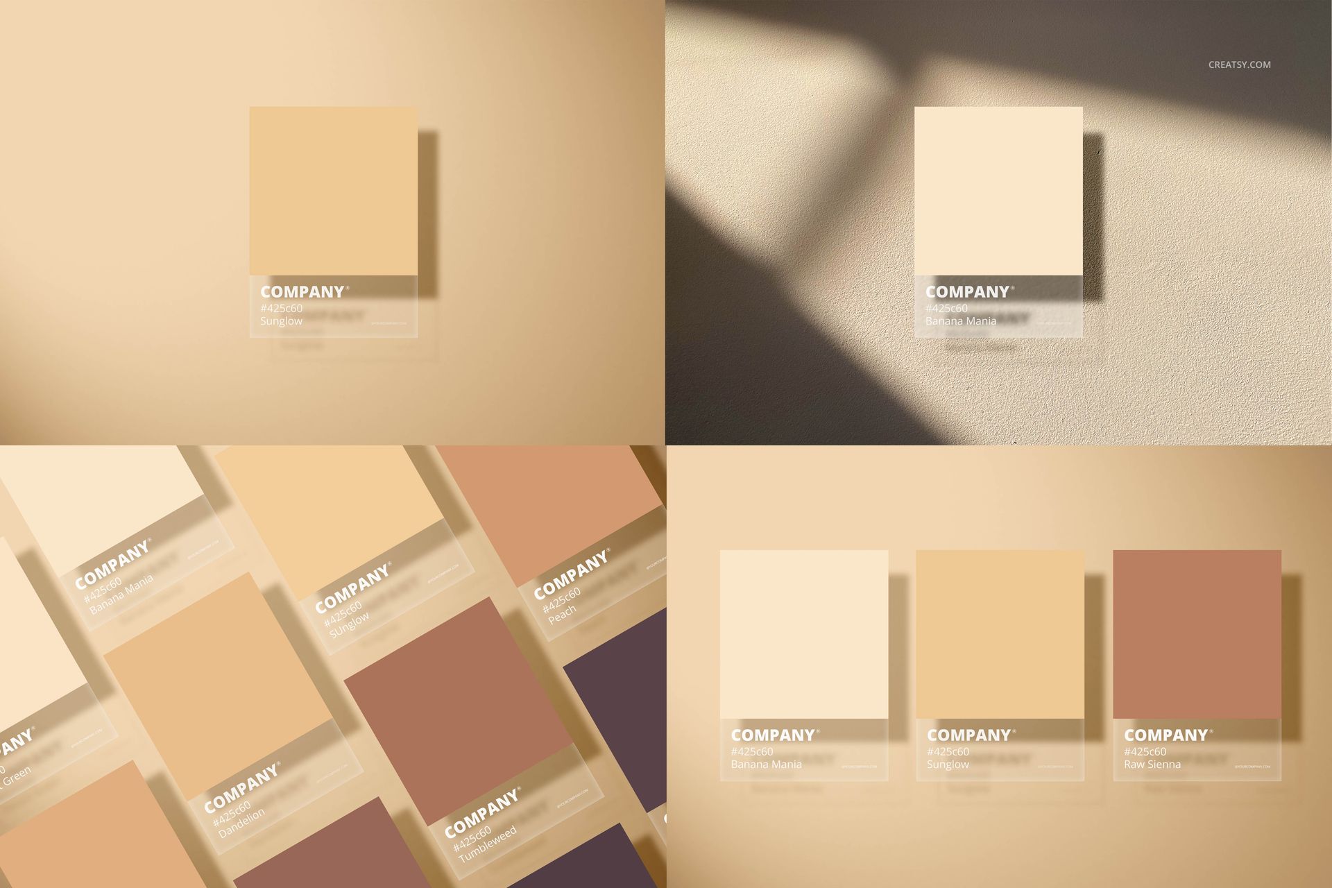 Multiple paint swatch mockups featuring company branding, arranged in grid and single card layouts with soft shadows.
