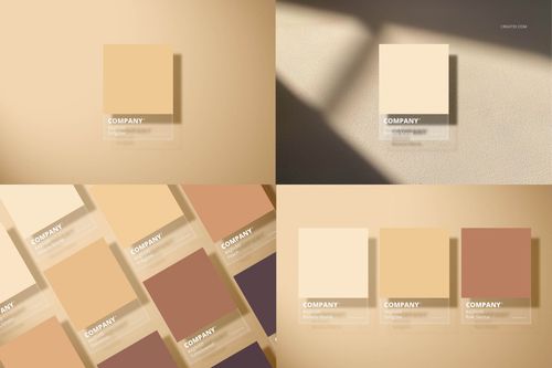Multiple paint swatch mockups featuring company branding, arranged in grid and single card layouts with soft shadows.