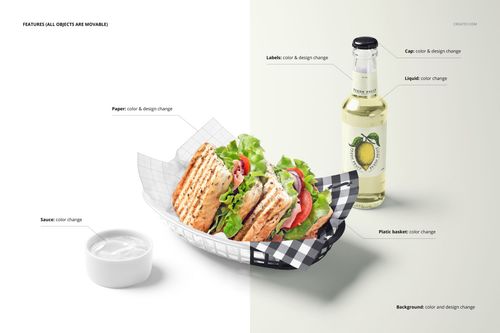 PSD mockup featuring a sandwich in a checkered food safe paper, plastic basket, and a bottle of lemonade on a pale surface.