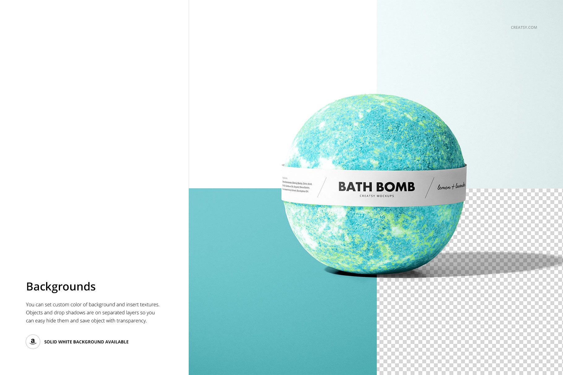 Bath bomb mockup featuring a spherical shape, blue and green mottled surface, white band, and minimal backdrop.