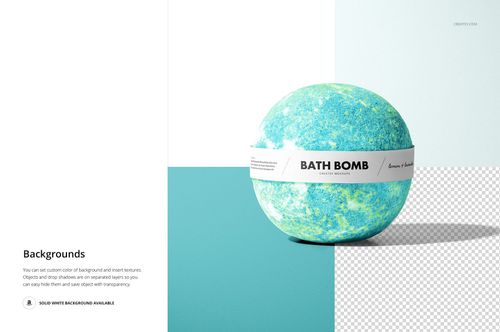 Bath bomb mockup featuring a spherical shape, blue and green mottled surface, white band, and minimal backdrop.