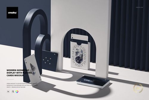 PSD mockup with sculptural arches, folded panels, and premium playing cards arranged in a clean, architectural setting.