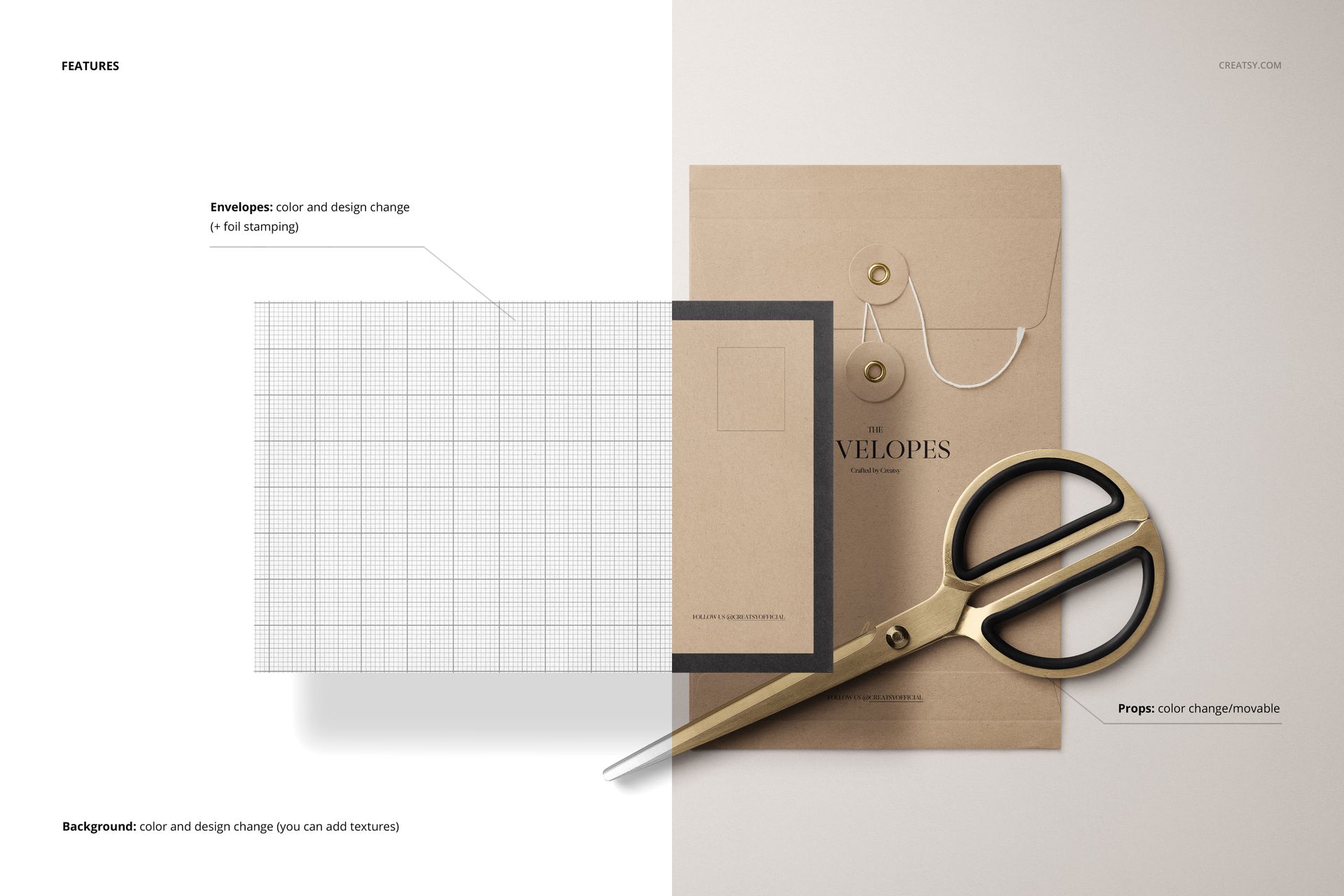 String envelope mockup in C5 format shown from top view, featuring kraft paper color and round string closure.