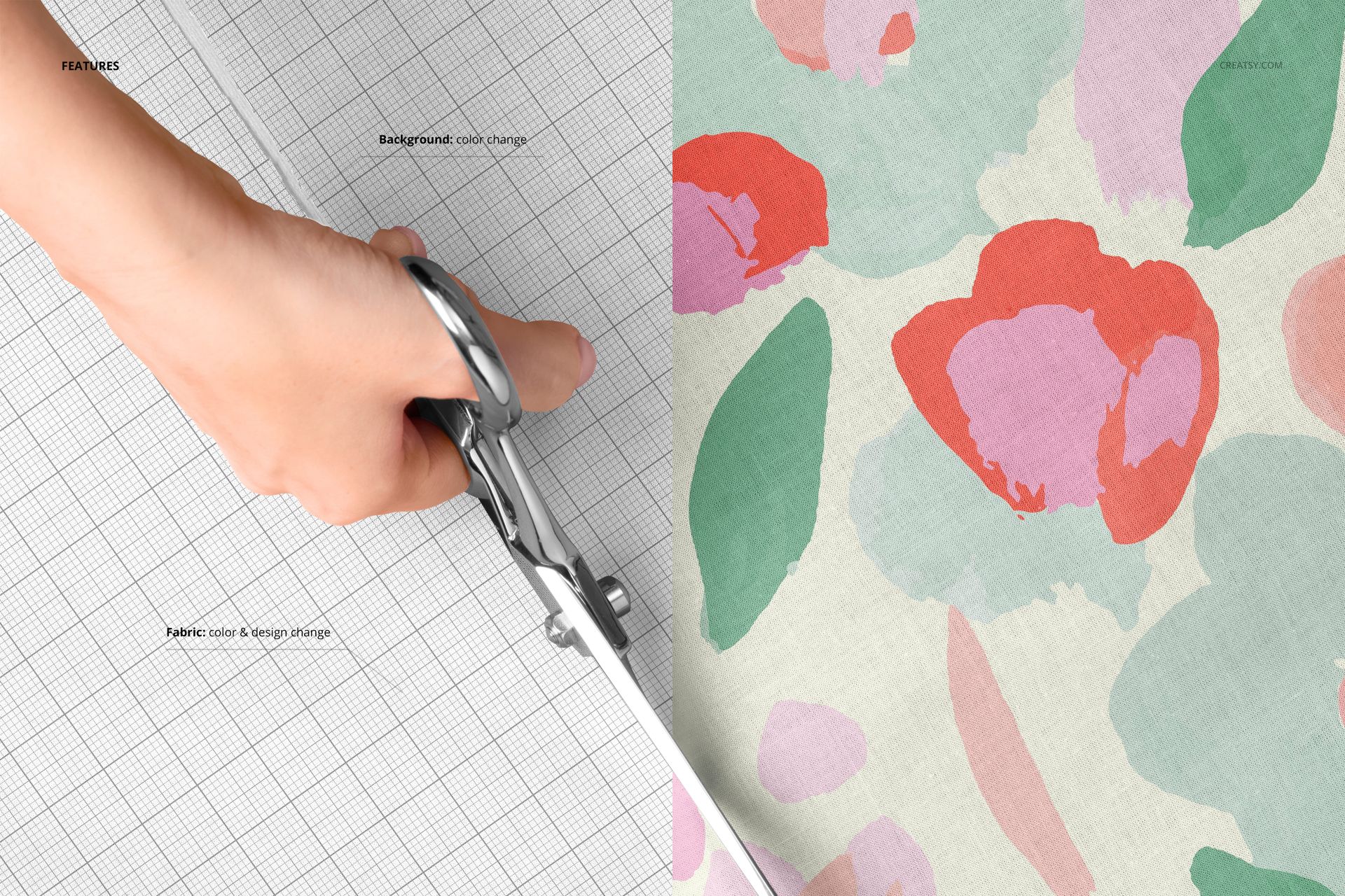 Detailed PSD mockup showing scissors cutting cotton fabric, half with grid lines and half with multicolor abstract print.