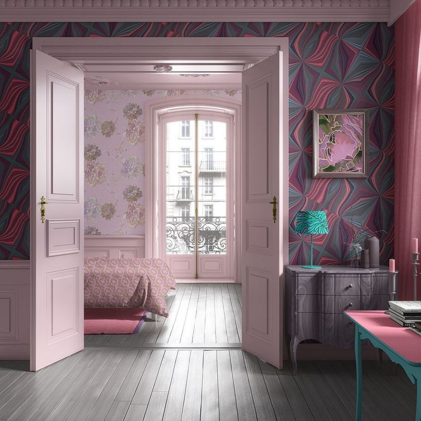 Classical apartment wallpaper mockup featuring geometric patterns in pink and teal, with floral wallpaper in the adjoining room.