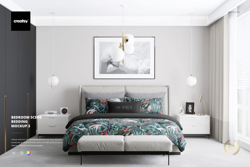 Front view of a stylish bedroom scene with a mockup bed dressed in green leafy bedding, neutral walls, and white nightstands.