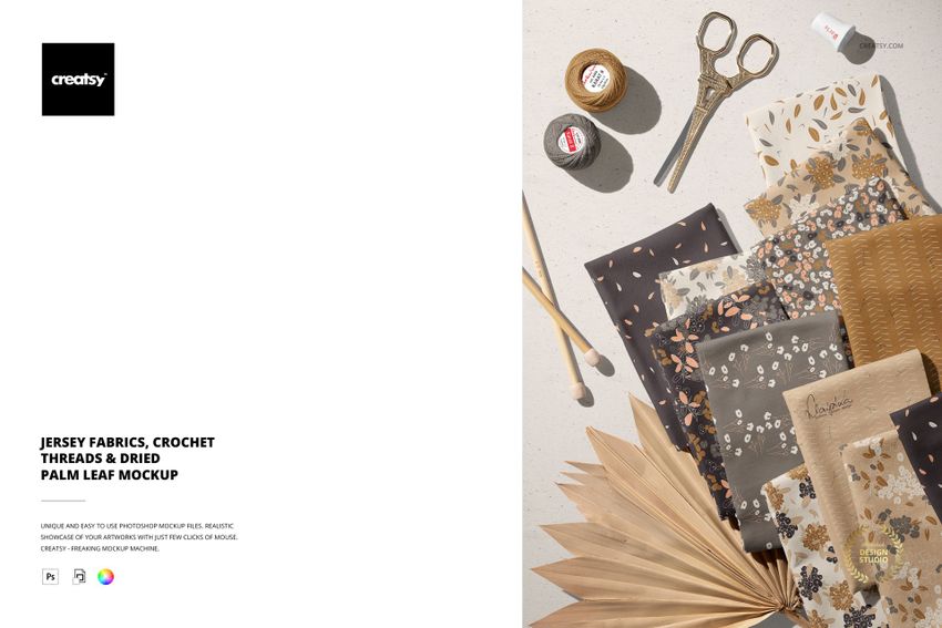 Jersey Fabrics, Crochet Threads & Dried Palm Leaf Mockup - mockup screenshot 1