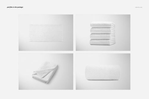 White towel mockup set displayed in four perspectives: flat, folded, rolled, and stacked, against a neutral backdrop.
