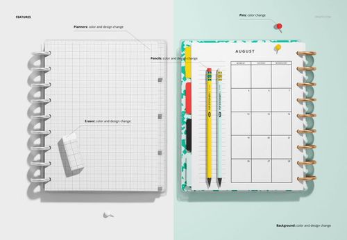 Overhead shot of stationery mockup with two open planners, grid and calendar designs, pencils, eraser, and push pins.