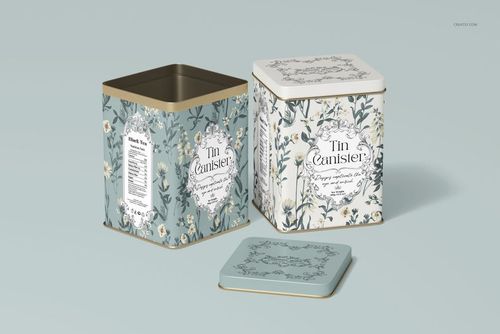 Tin canister mockup set featuring two square metal containers with botanical designs, one open and one closed.
