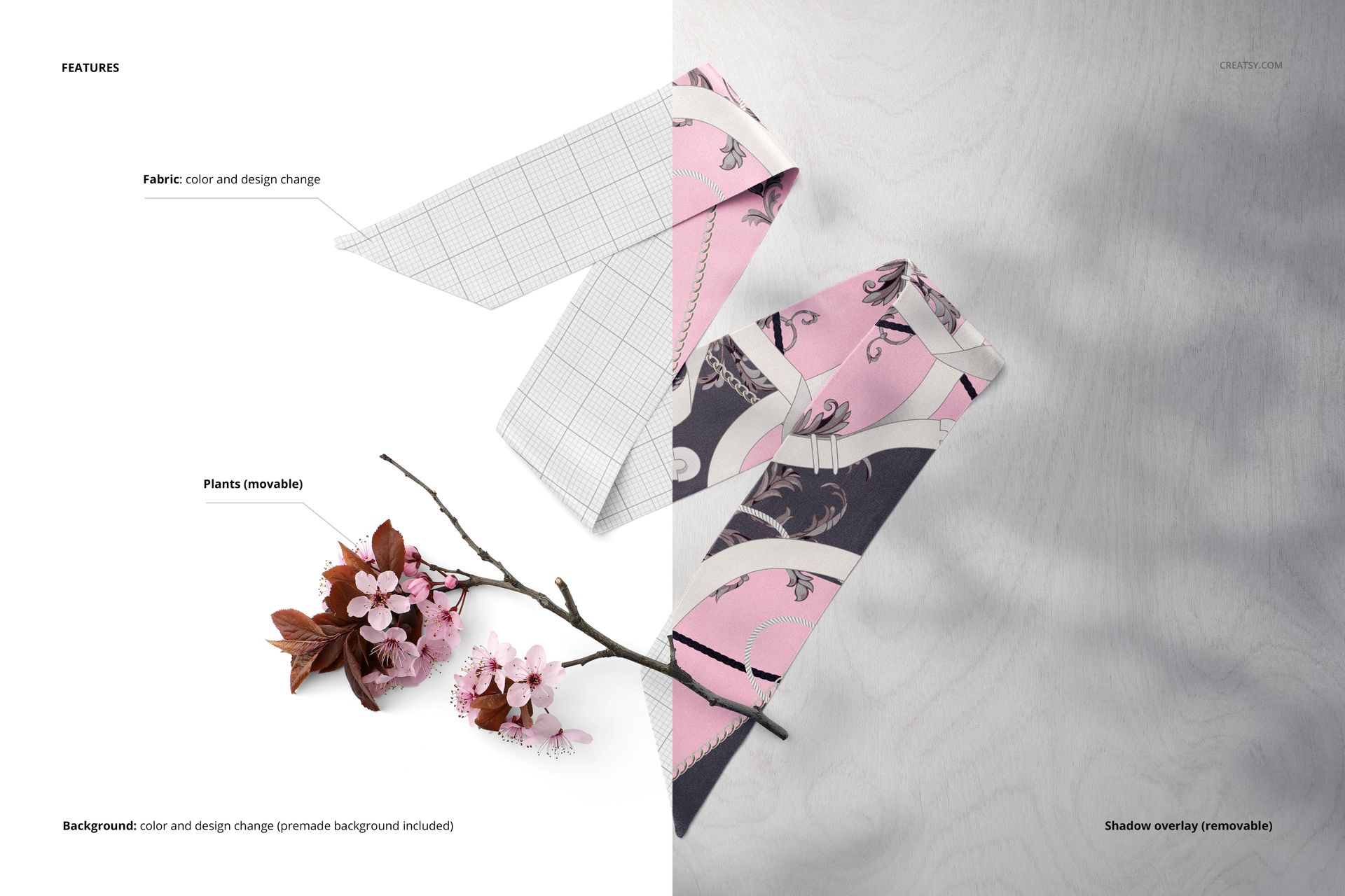 Top view of a twilly scarf mockup with pink floral patterns, next to cherry blossom branches on a light surface.